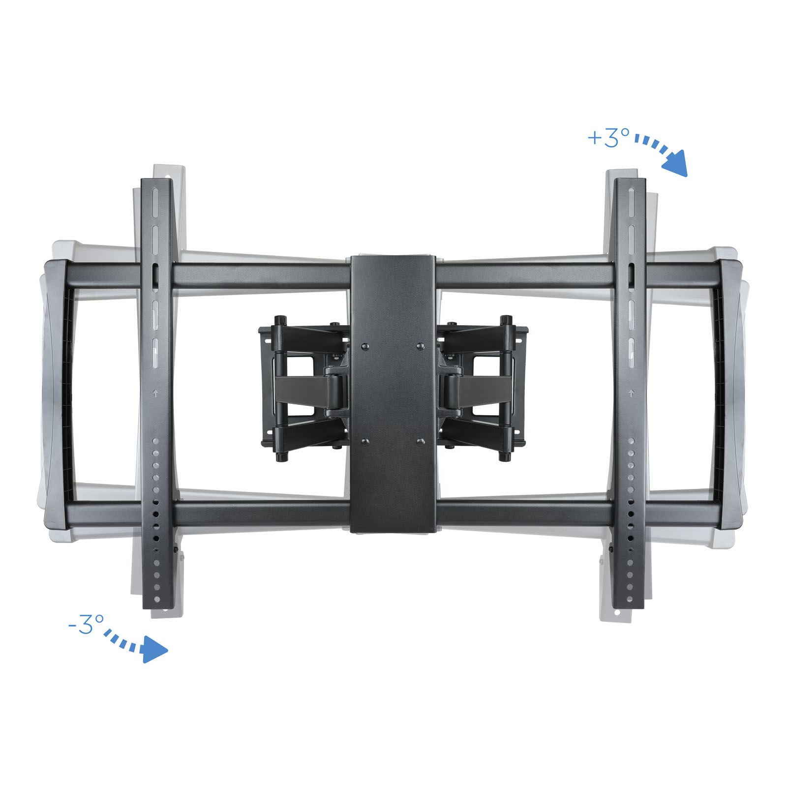 Un soporte de TV negro. Tiene brazos y soportes ajustables. Flechas muestran inclinación de +3° y -3°.