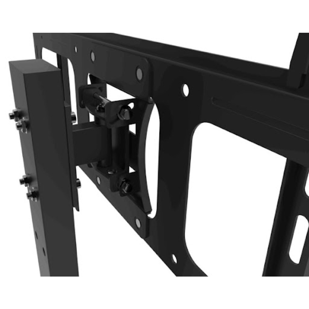 Nahaufnahme einer schwarzen TV-Wandhalterung aus Metall. Die Halterung hat verschiedene Teile, darunter Halterungen, Scharniere und Bolzen, alles vor weißem Hintergrund.