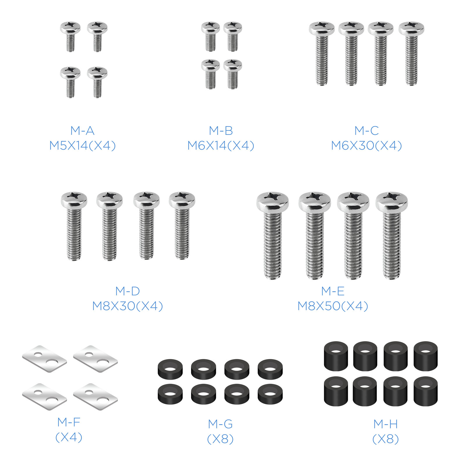 La imagen muestra varios tornillos, arandelas y espaciadores etiquetados de M-A a M-H. Los tornillos son plateados con cabezas negras.