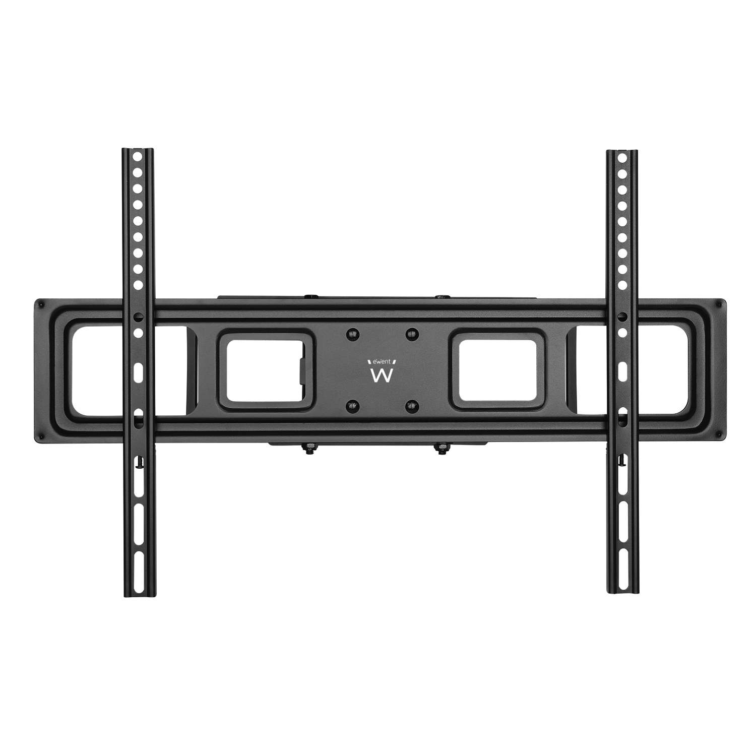 Soporte de pared para TV negro, centrado sobre fondo blanco. Cuenta con dos barras verticales con agujeros y un soporte horizontal con cuadrados abiertos.