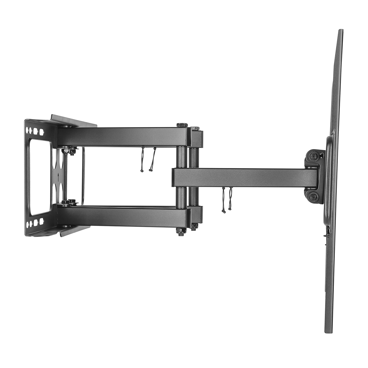 Un soporte de pared articulado para TV negro. Se extiende horizontalmente, mostrando el brazo y la placa para el televisor.