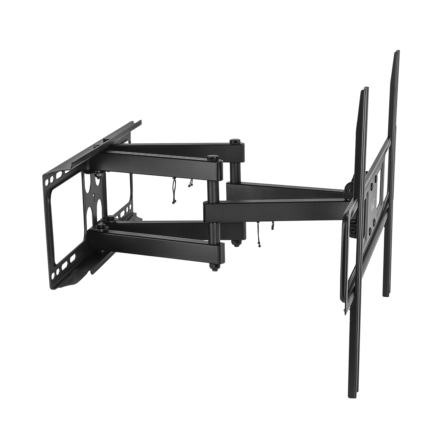 Se muestra un soporte de pared para TV negro y articulado, diseñado para sostener un televisor de pantalla plana. El soporte está sobre un fondo blanco.