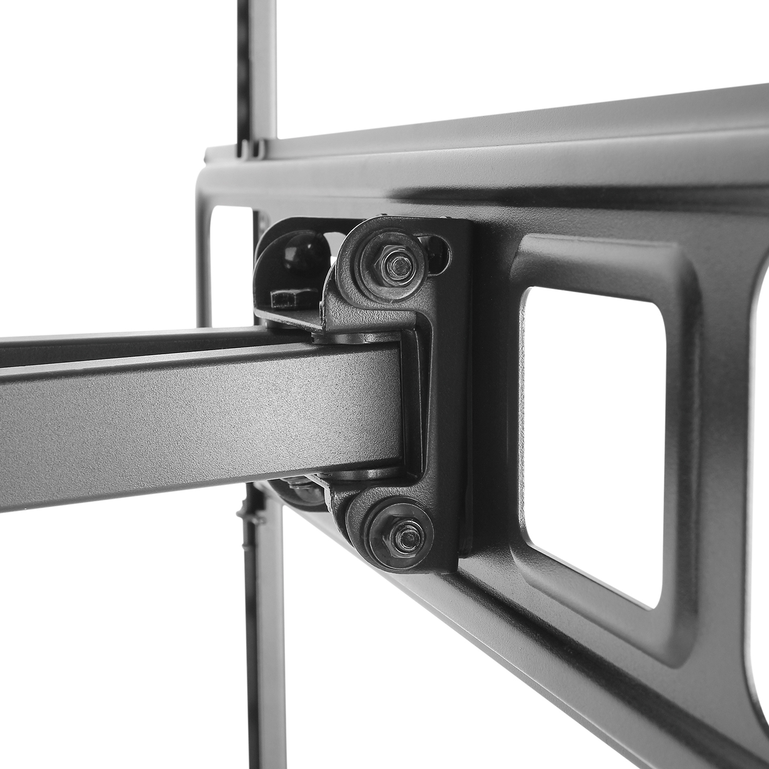 Primer plano de un soporte de TV metálico negro, mostrando pernos, un marco rectangular y un brazo de soporte, sobre fondo blanco.