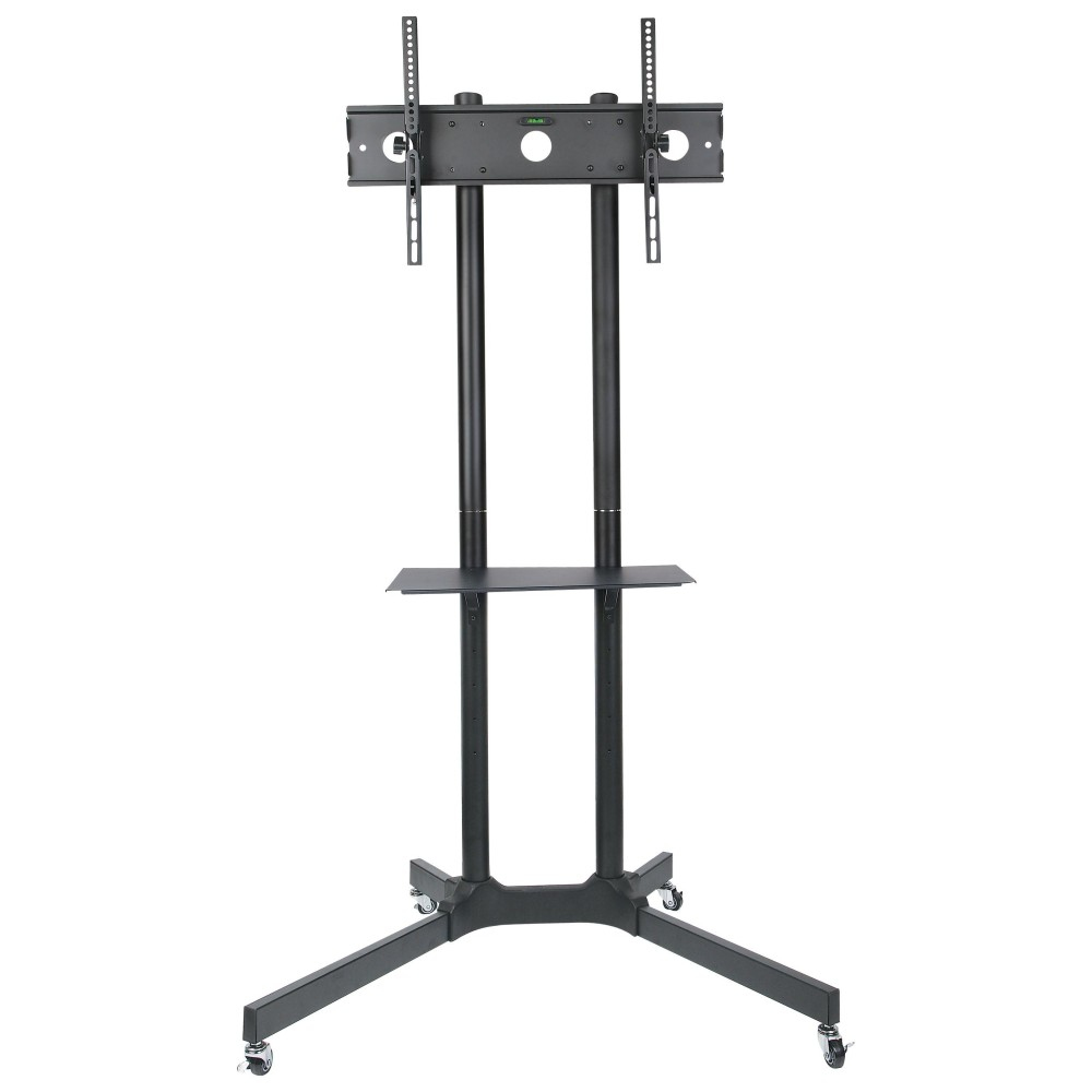 Een zwarte tv-standaard met wielen. Het heeft twee verticale palen die zijn verbonden met een horizontale plank en een bovenste beugel.
