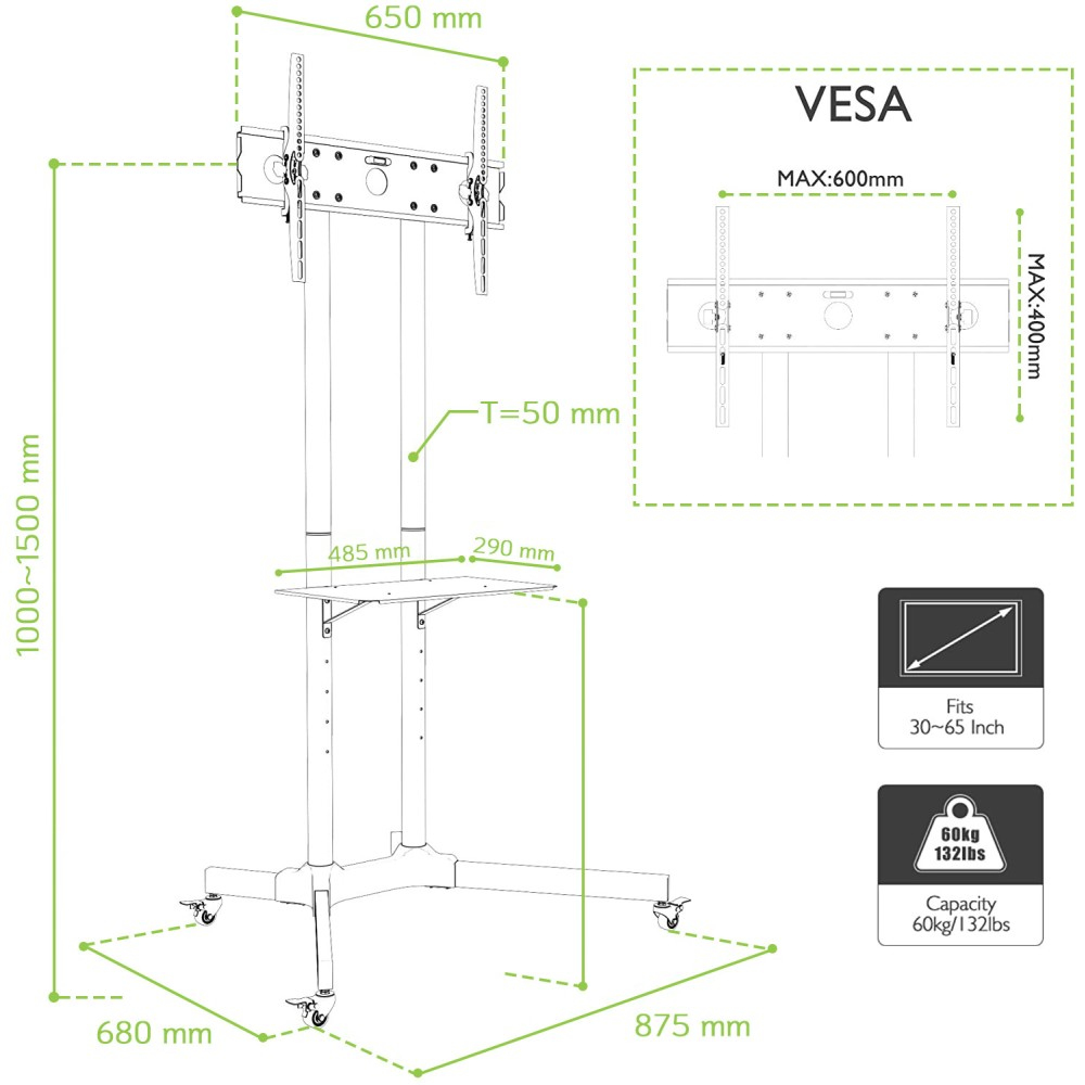 Diagram van een tv-standaard, met afmetingen, VESA-compatibiliteit en gewichtscapaciteit. Het heeft wielen en een plank.