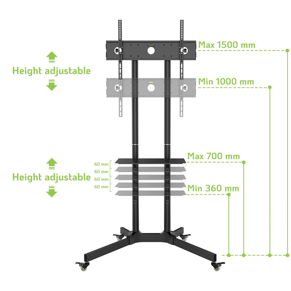 Zwarte in hoogte verstelbare tv-standaard met afmetingen. De hoogte is verstelbaar. Max. hoogte 1500 mm, min. 1000 mm. Max. 700 mm, min. 360 mm.