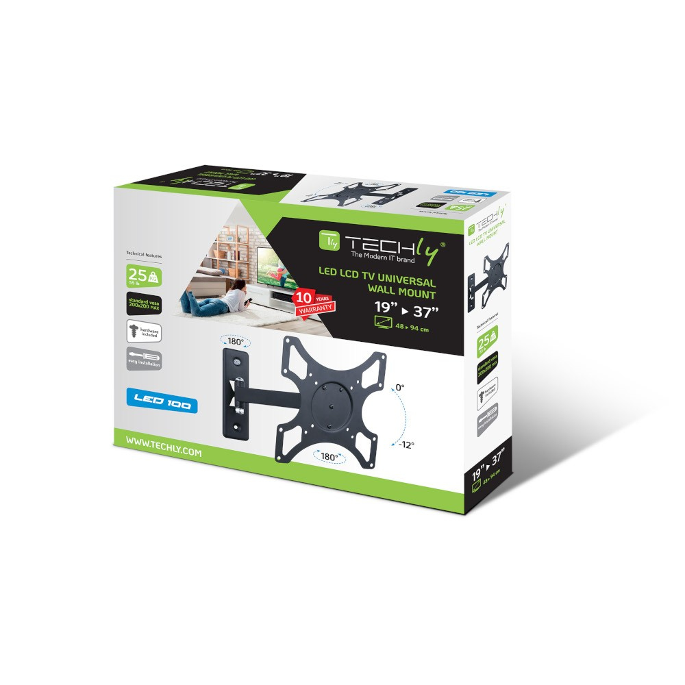 Boîte d'un support mural Techly LED LCD TV. Comprend un support mural, les détails de la garantie et les spécifications du produit, avec le logo de la marque.