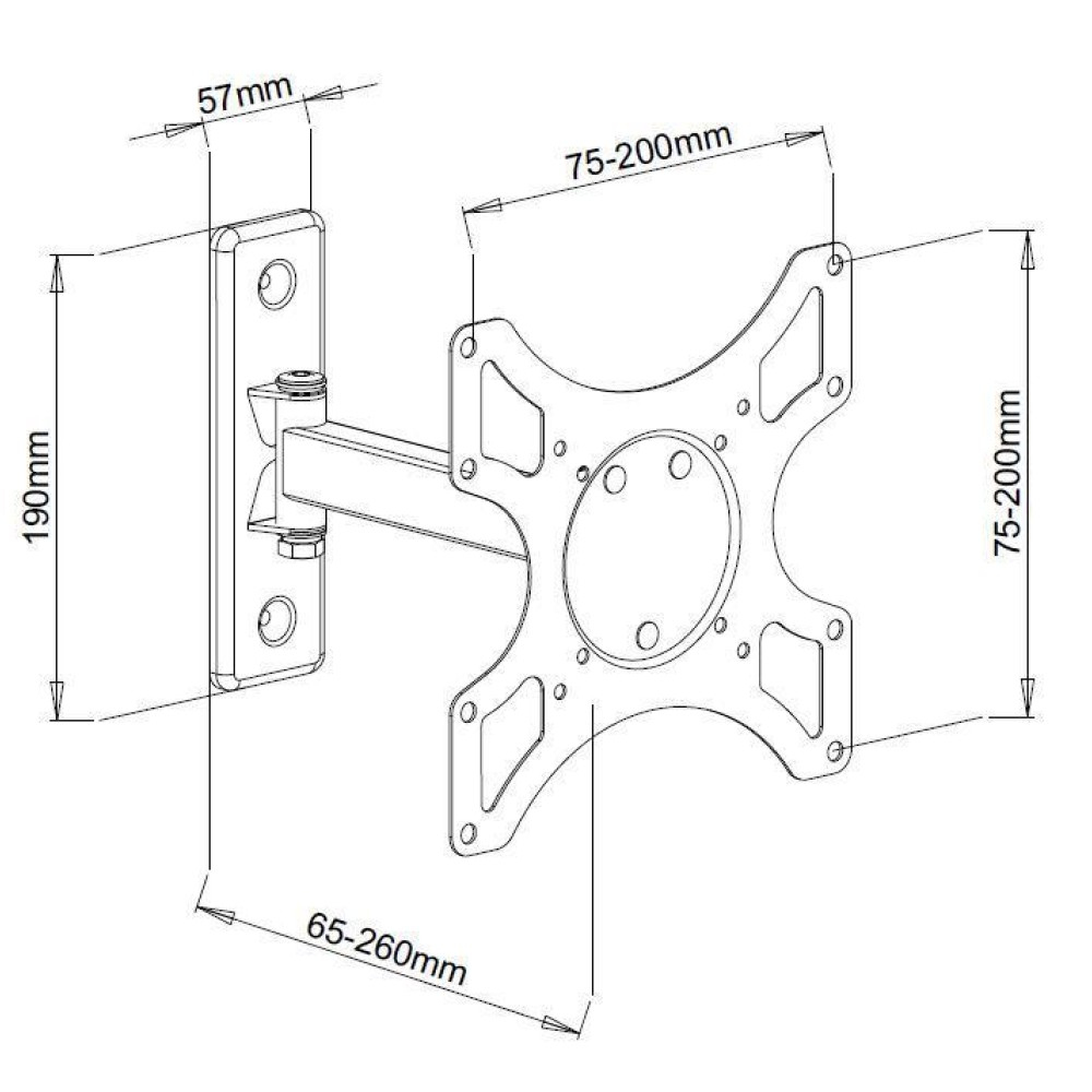 Diagramme d'un support mural TV. Indique les dimensions : 190 mm, 57 mm, 75-200 mm et 65-260 mm. Il a une plaque et un support.