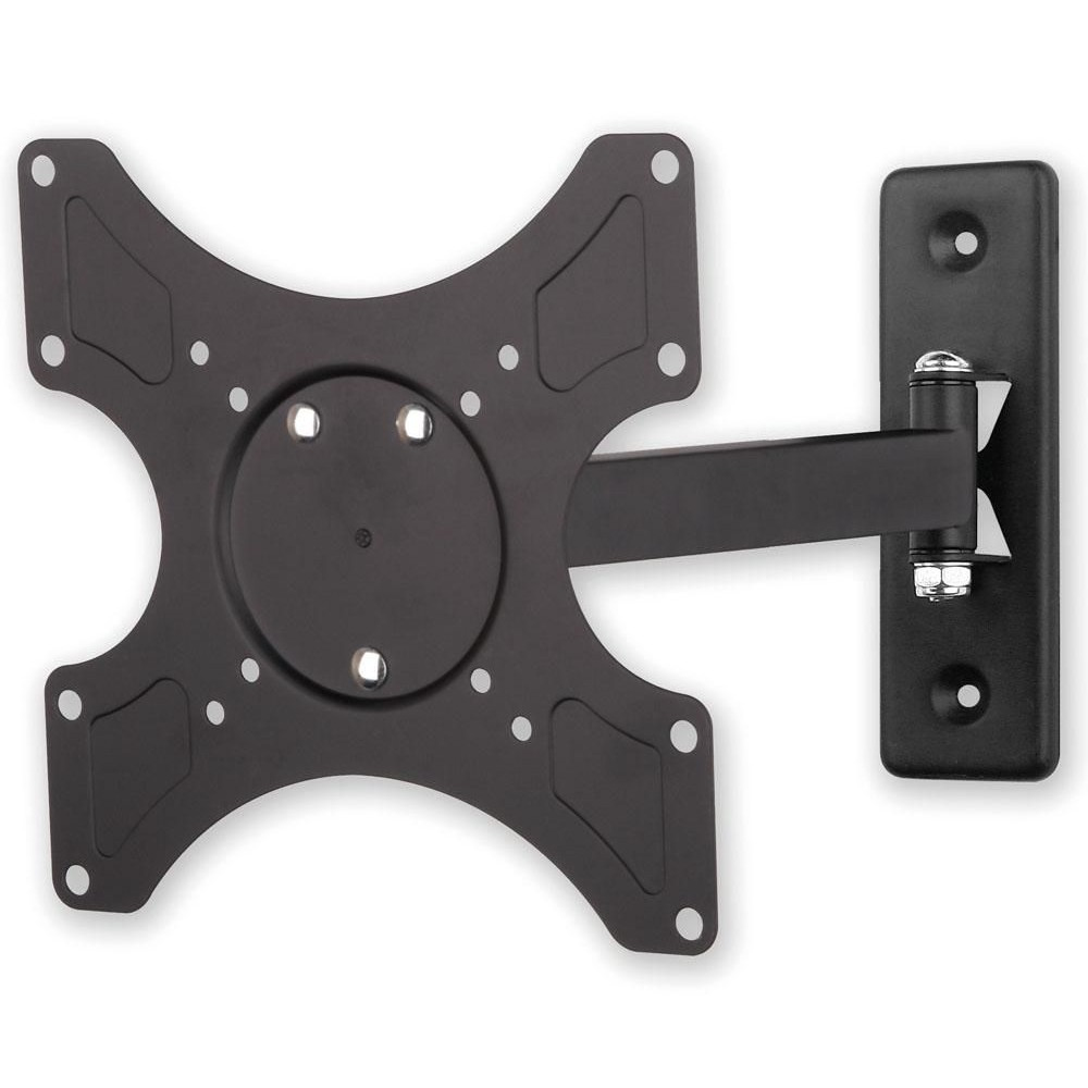 Un support mural TV noir. Il possède une plaque avec plusieurs trous, un bras et une plaque de fixation murale. Toutes les pièces sont noires.