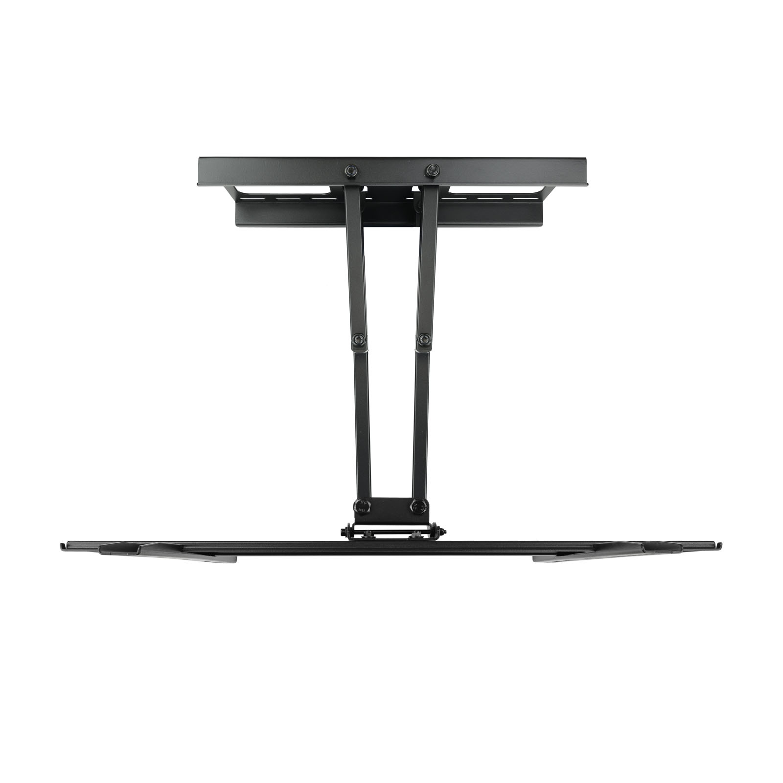 Schwarze Deckenhalterung für einen Fernseher. Es hat verstellbare Arme und eine horizontale Platte.