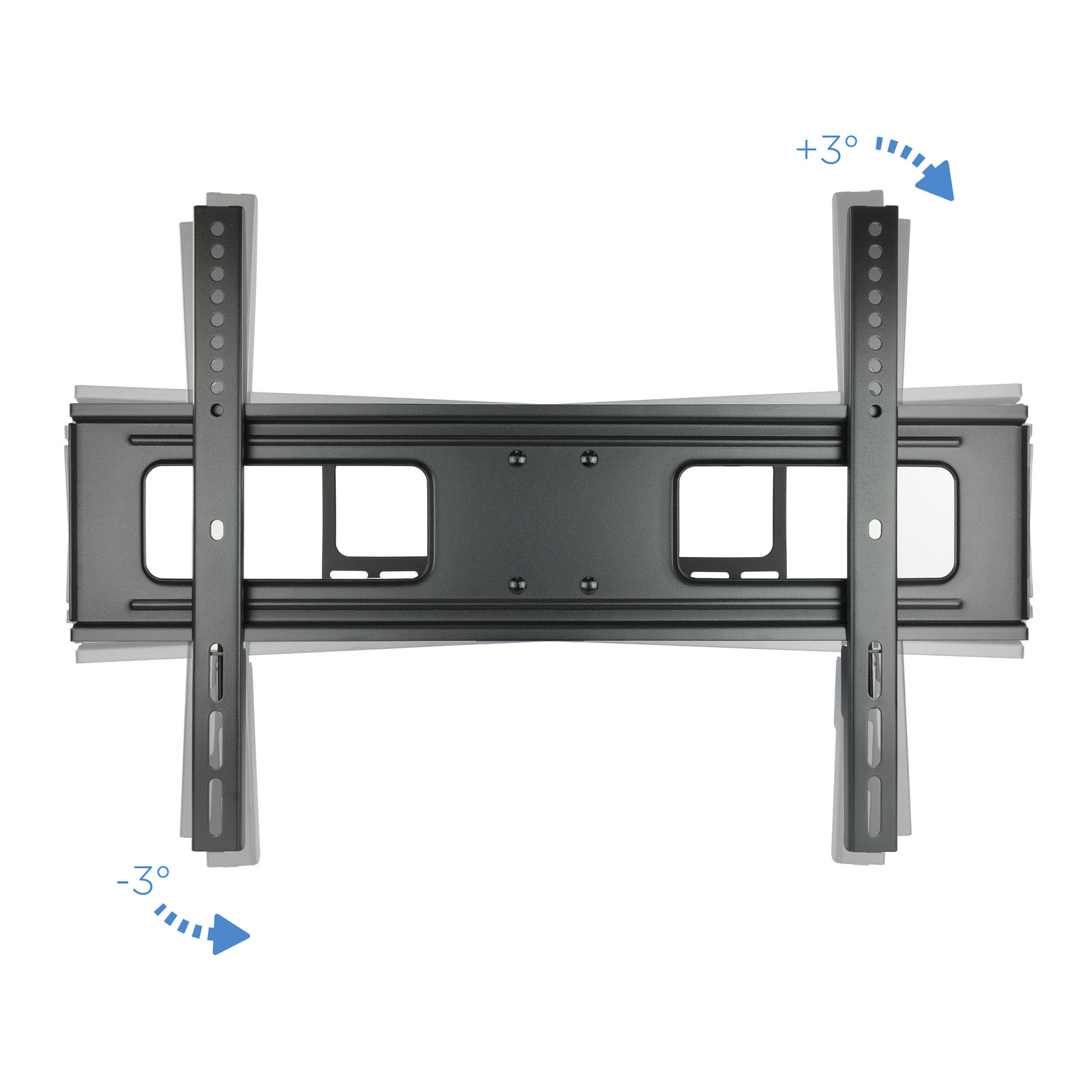 Eine schwarze TV-Halterung. Pfeile zeigen +3° und -3° Neigungswinkel an. Die Halterung hat vertikale und horizontale Balken.