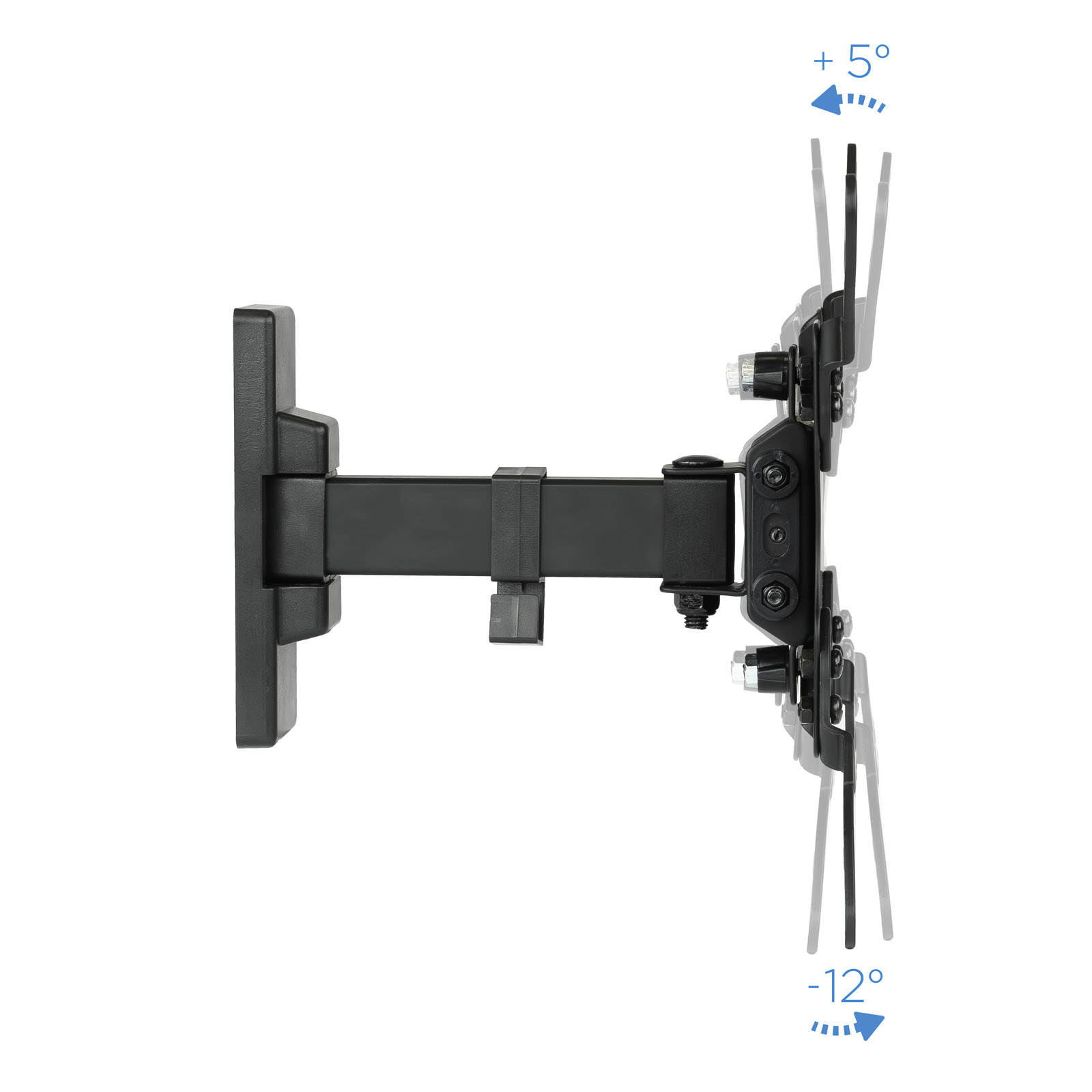Soporte de pared para TV negro con brazo ajustable. Los indicadores de grado muestran el rango de inclinación de +5 a -12 grados.