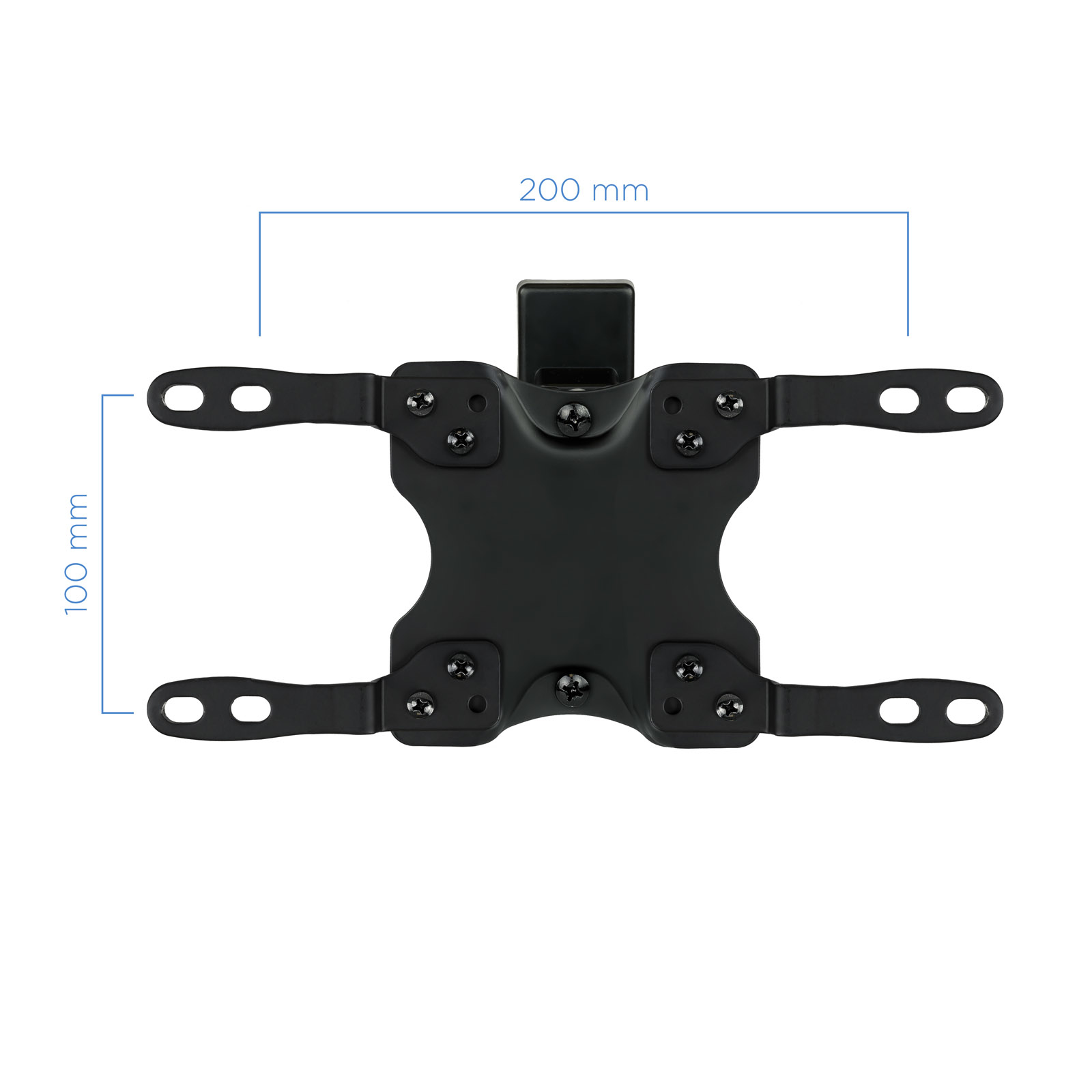 Soporte de pared para TV negro con dimensiones. Tiene un cuadrado central con brazos que se extienden hacia afuera, cada uno con agujeros.