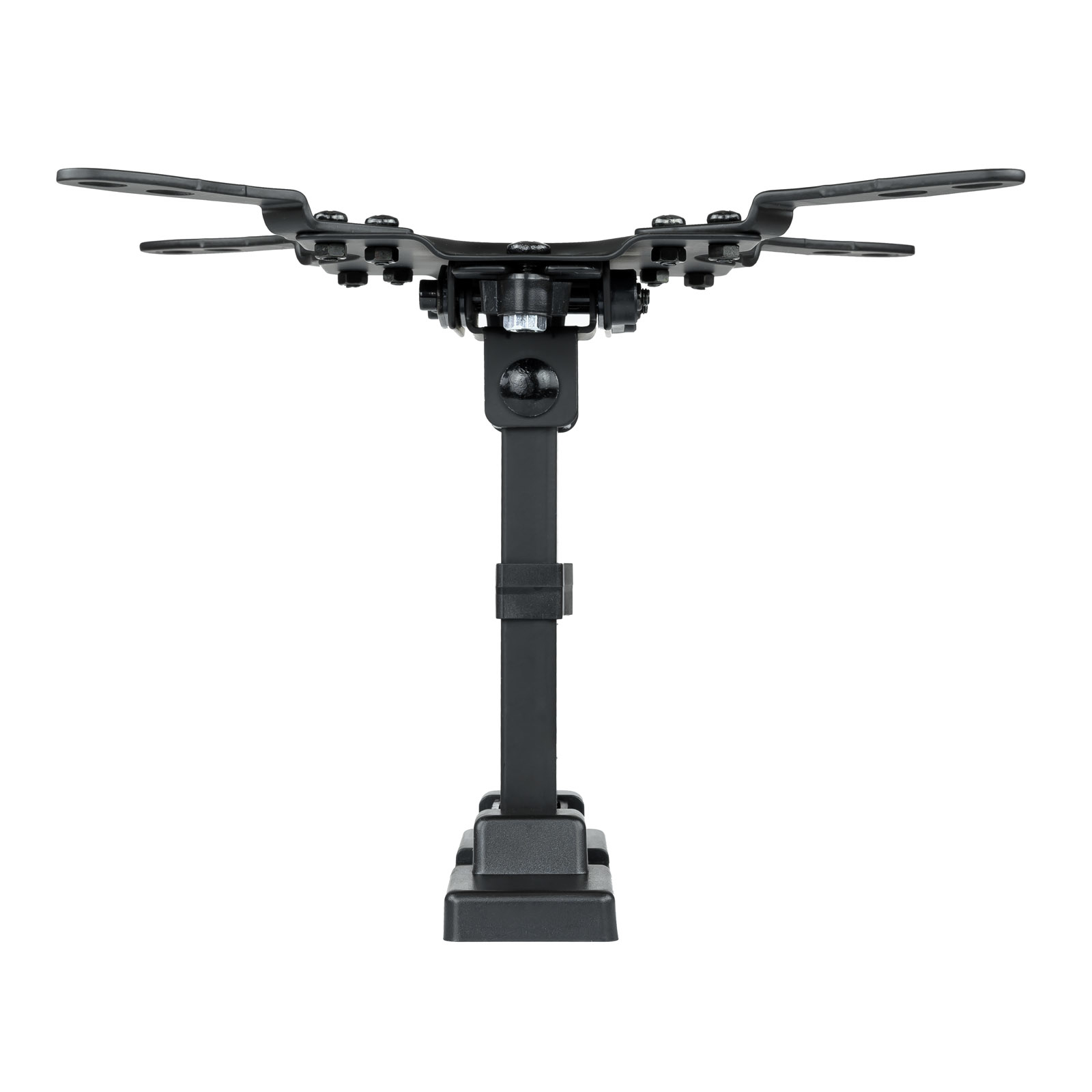 Un soporte negro y ajustable para equipos, visto desde arriba, con base, tallo y placa de montaje superior. Los tornillos son visibles.