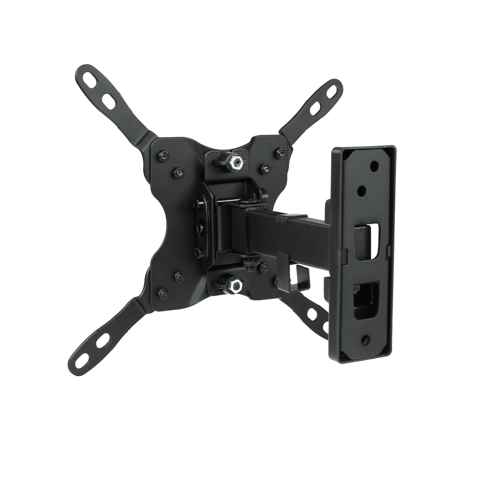Soporte de pared para TV de metal negro con múltiples brazos y puntos de montaje, aislado sobre fondo blanco.
