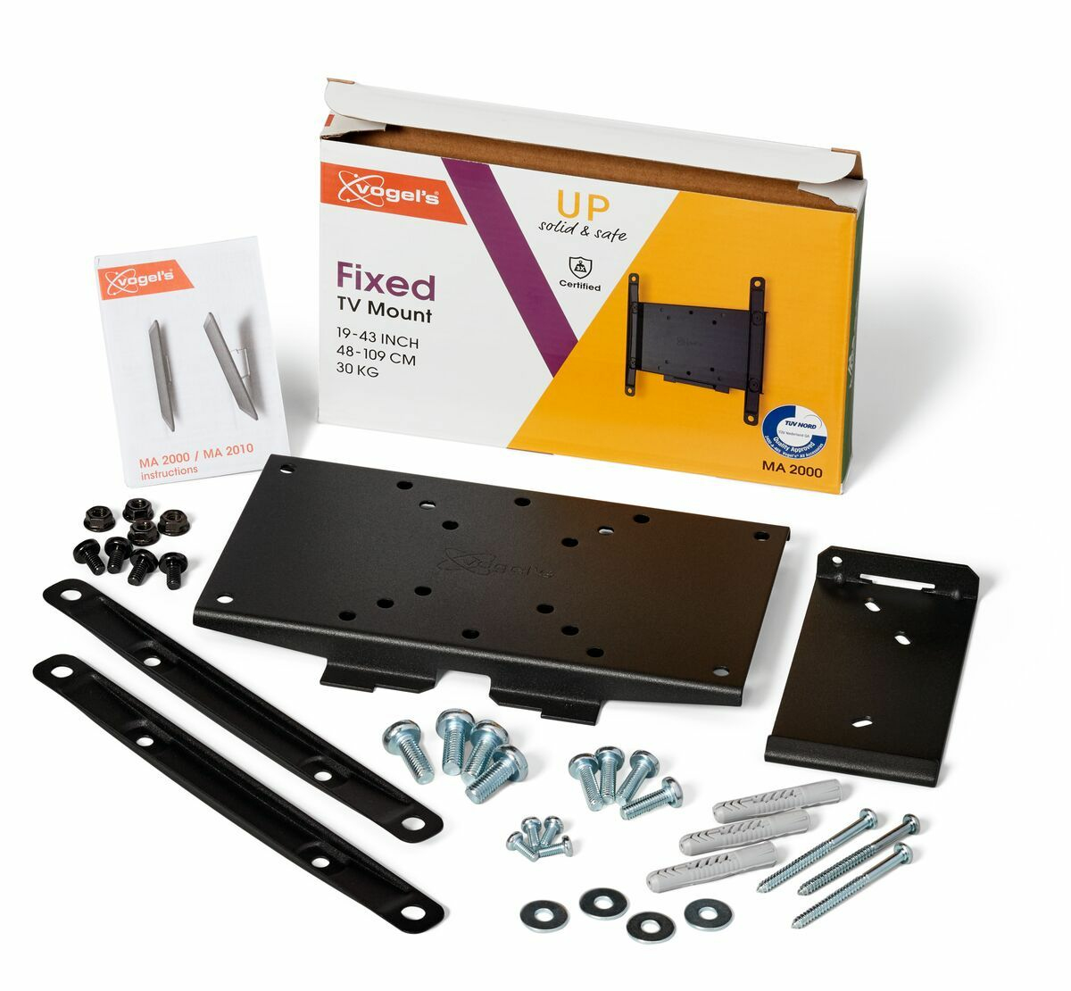 Ein TV-Halterungs-Kit mit Karton, Montageplatten, Schrauben und Anweisungen. Auf der Box steht Vogel's Fixed TV Mount.