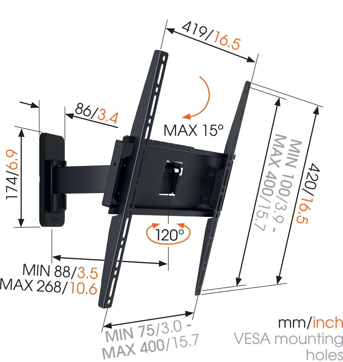 Supporto a parete per TV nero con dimensioni e angoli etichettati, tra cui 419/16.5, 420/16.5 e MAX 15 gradi, e altre misure.