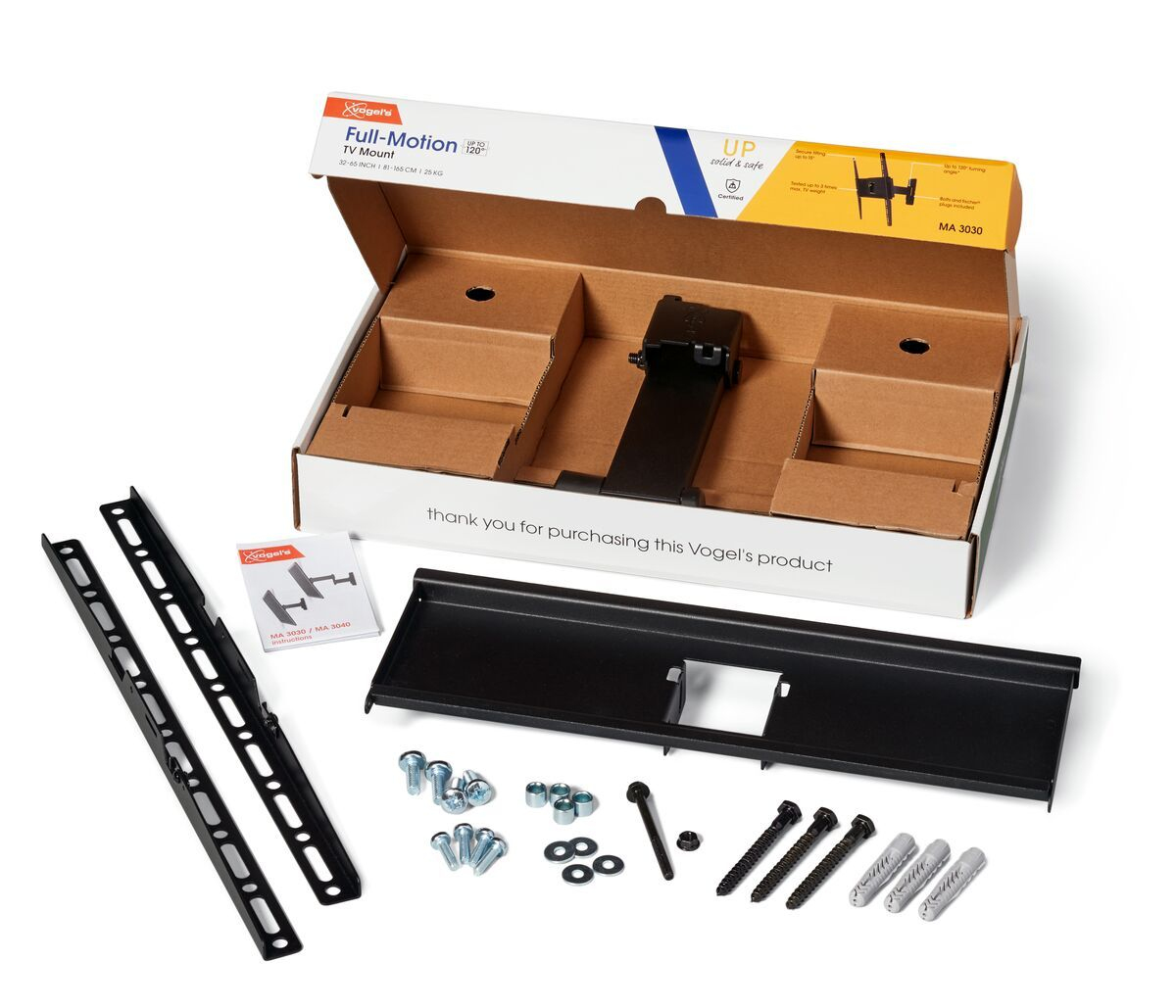 Un kit di montaggio TV con varie parti come staffe, viti e una scatola. La scatola è aperta e il contenuto è visibile.