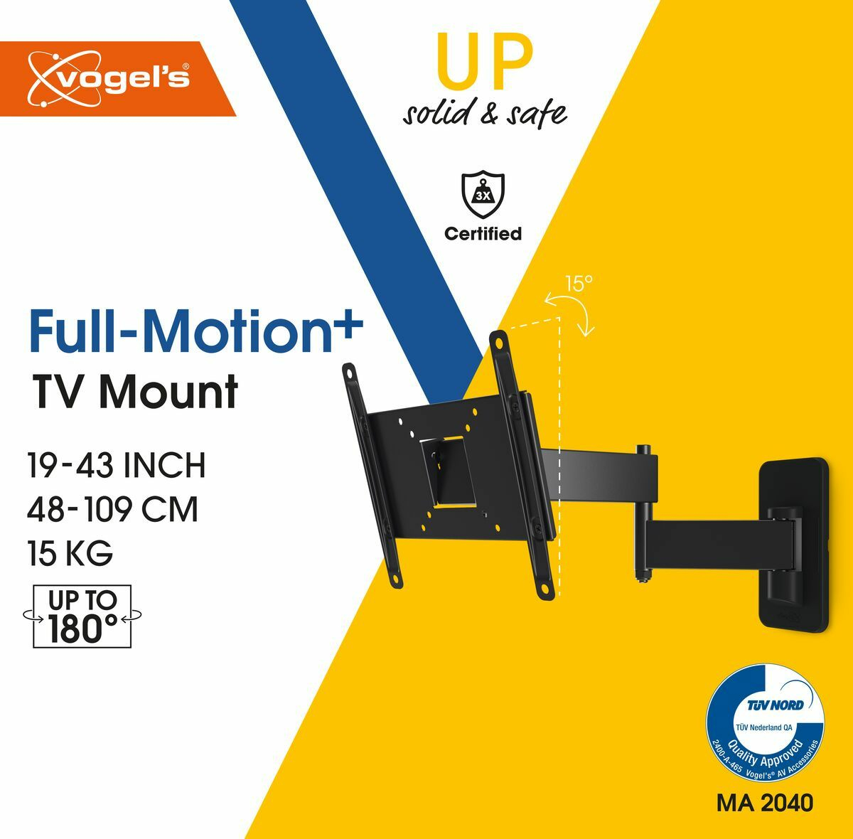 Eine schwarze TV-Halterung auf gelbem Hintergrund. Text enthält 'Full-Motion+ TV Mount' und Spezifikationen.