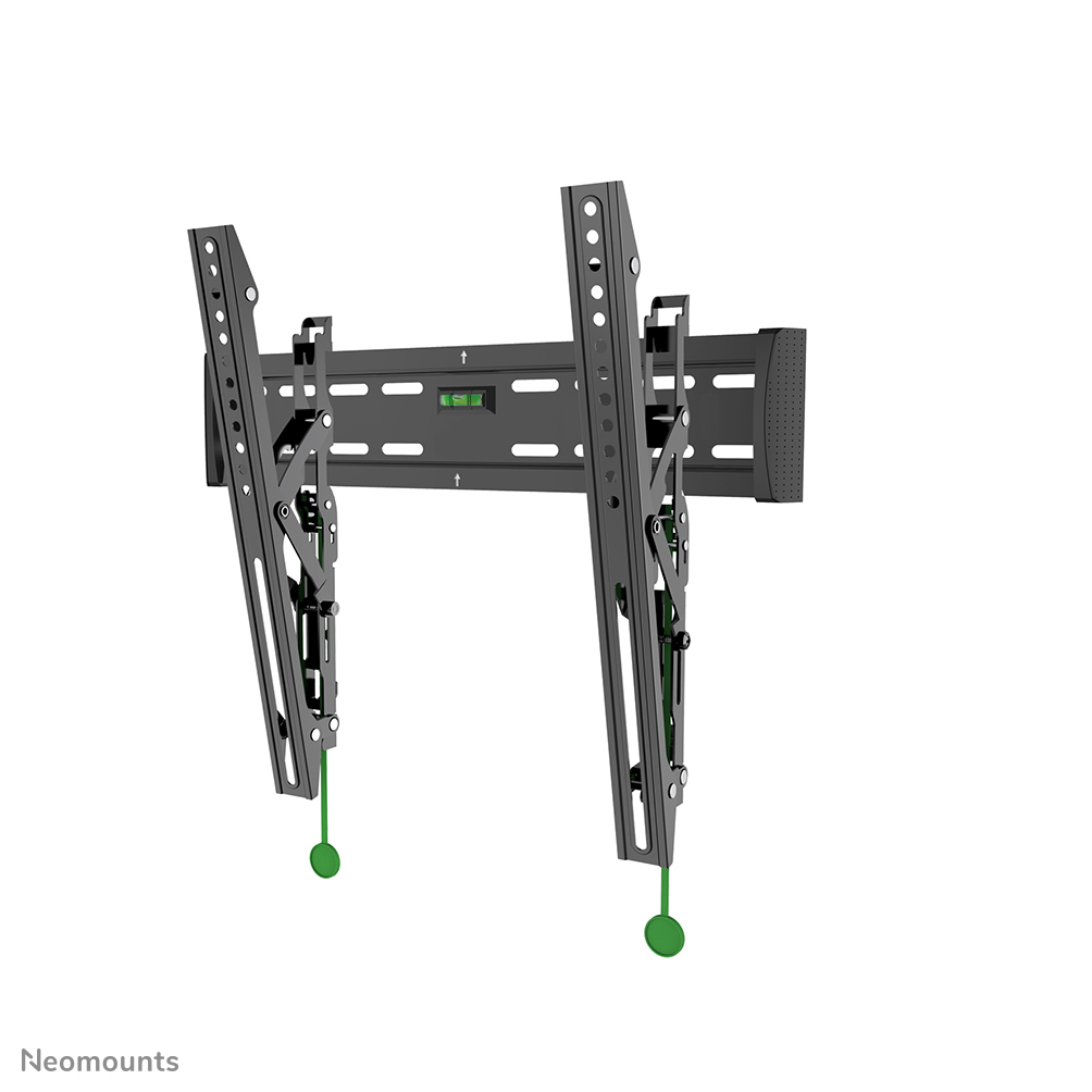 Soporte de pared negro para TV con indicadores de nivel verdes y bolas verdes colgantes, sobre fondo blanco.