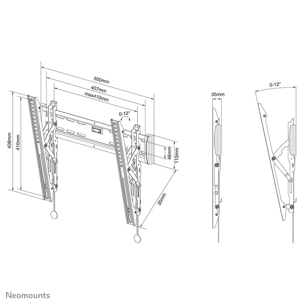 Dibujo técnico de un soporte de pared para TV. Muestra dimensiones en mm. Incluye vistas laterales y medidas de ángulos de inclinación y distancias.