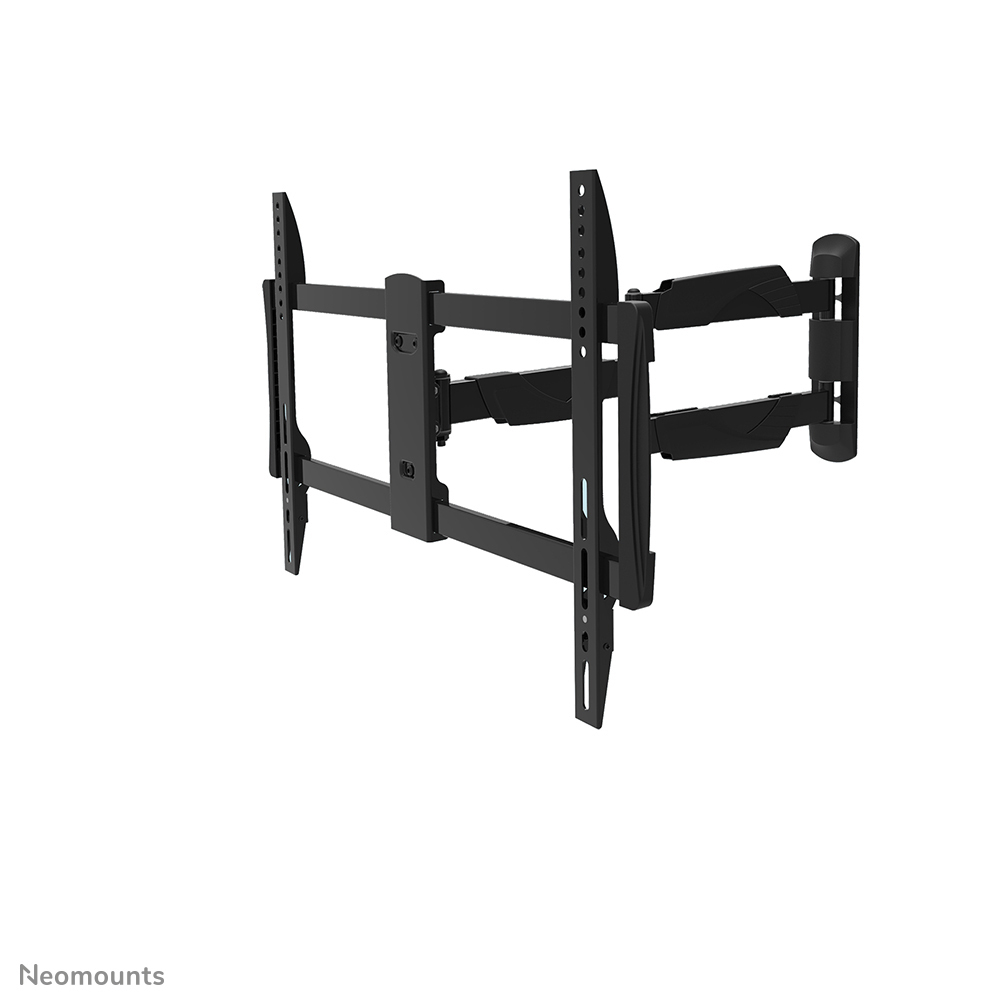 A black, articulated TV wall mount, with multiple adjustable arms and mounting points, isolated on a white background.
