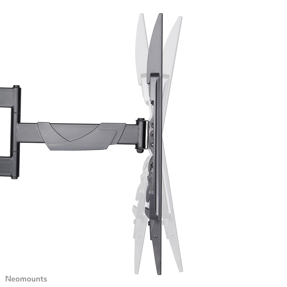 A black, articulated TV wall mount. The mount extends horizontally, supporting a thin, dark screen with a white background.