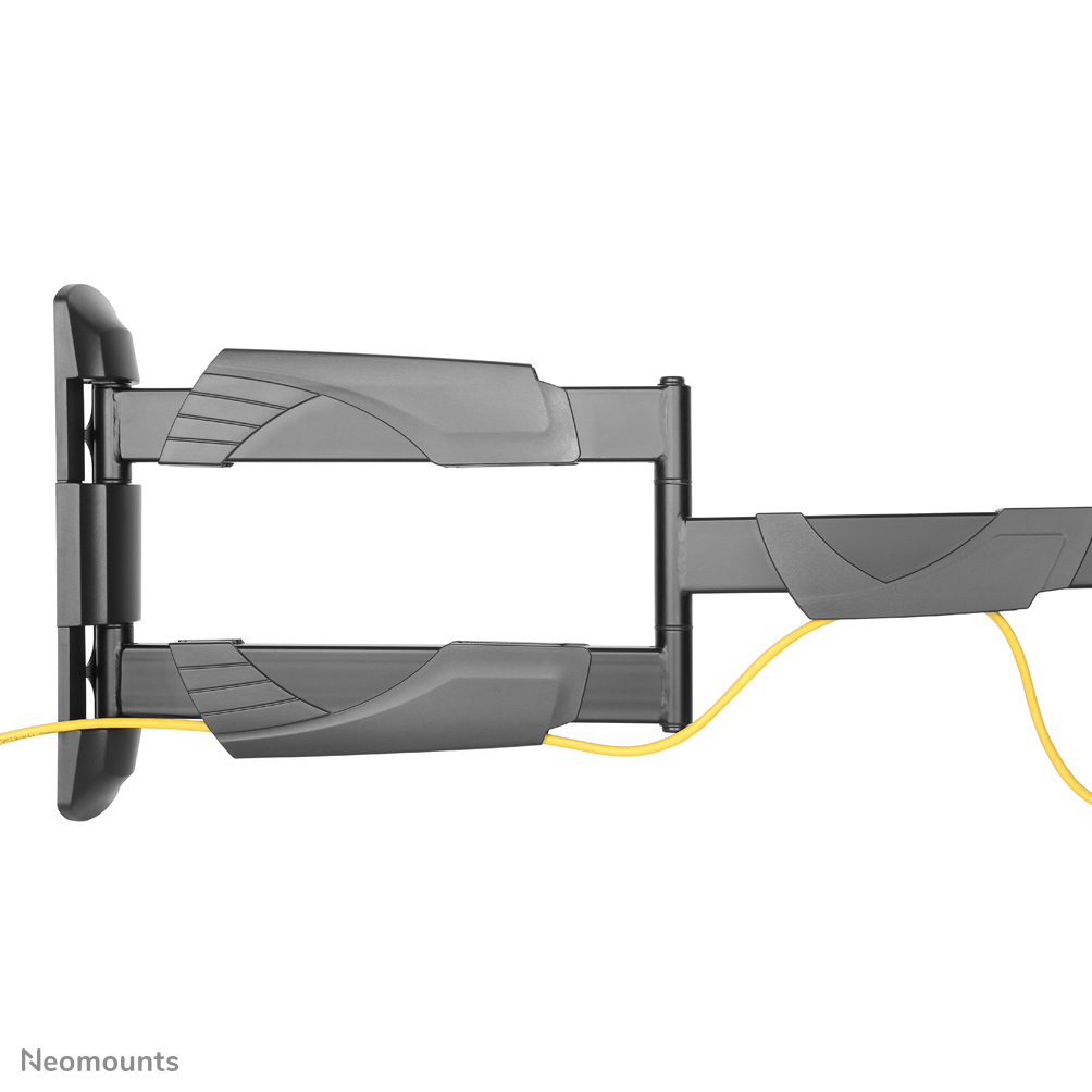 A dark gray TV wall mount. A yellow cable is attached. It's on a white background. The mount has multiple joints and arms.