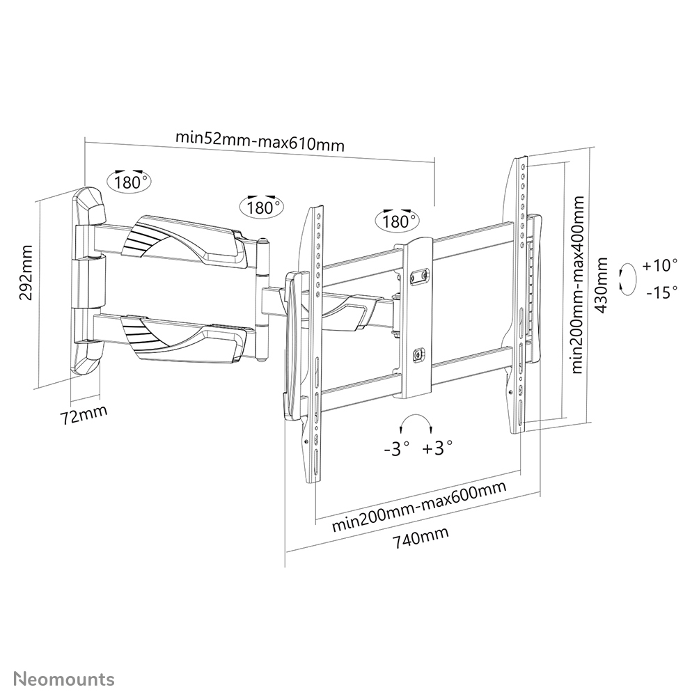 Technical drawing of a TV mount, showing dimensions and degrees of movement. It features measurements in mm and angle indicators.