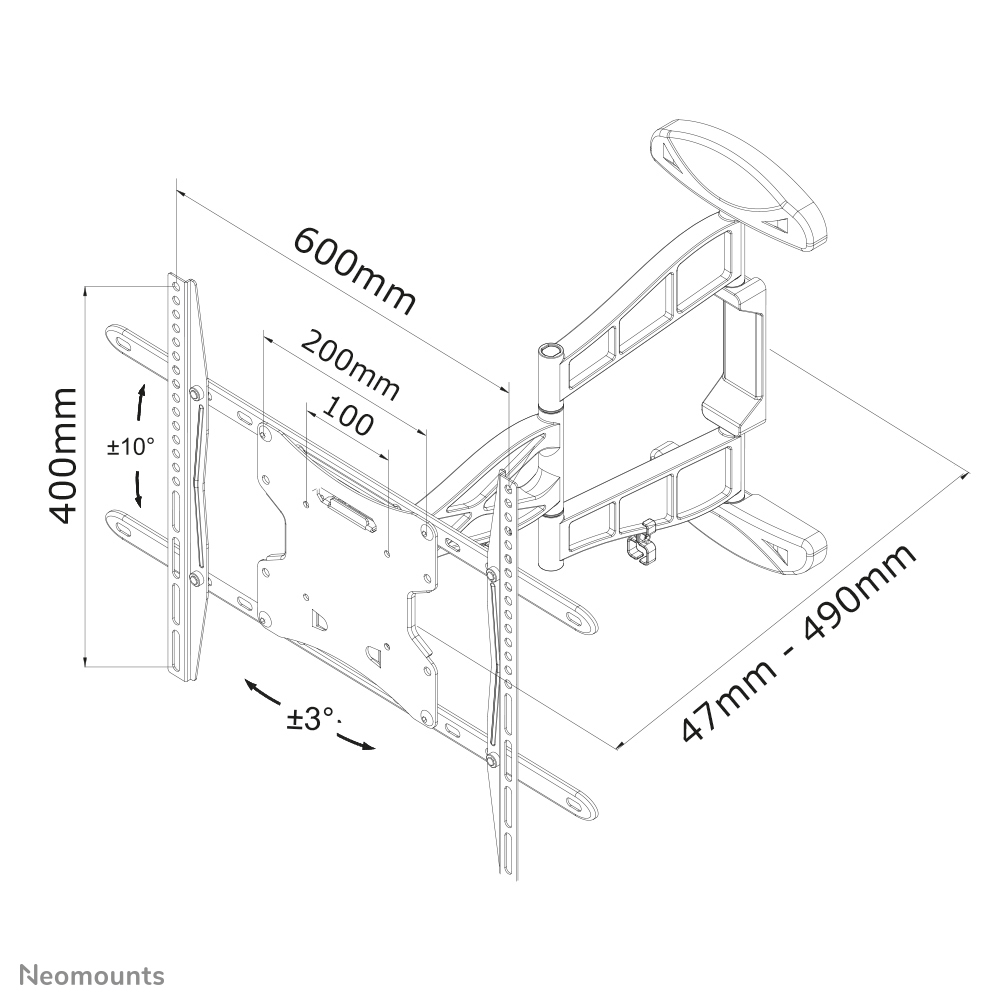 Eine schwarze Wandhalterung mit Maßangaben. Sie hat Arme und einen Kippmechanismus. Der Markenname lautet Neomounts.