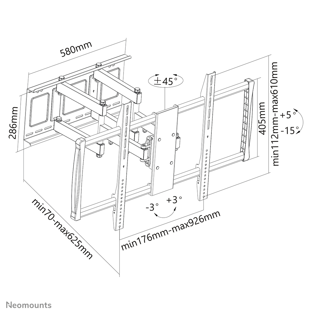 Diagramm einer TV-Wandhalterung mit Maßangaben. Zeigt die Struktur der Halterung und einstellbare Winkel, mit Markenname unten.