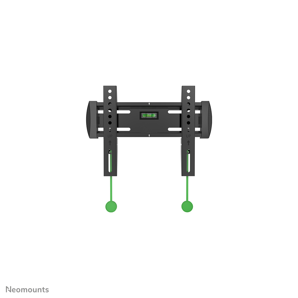A black TV wall mount with green leveling indicators. Includes level, mounting points, and two green hanging balls.