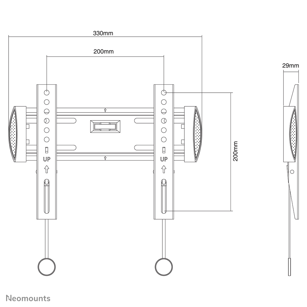 Technical drawing of a TV wall mount. Shows dimensions (330mm, 200mm, 29mm, 200mm), components, and 'UP' indicators.