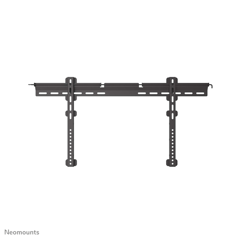 A black TV wall mount is centered on a white background. It has horizontal and vertical components with multiple holes.
