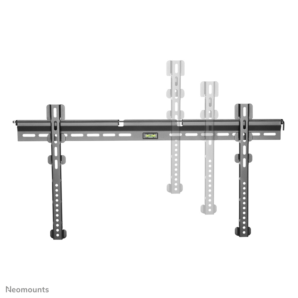 A gray and black TV wall mount with a level bubble, and two lighter gray bracket pieces are shown.