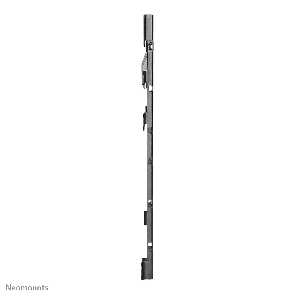 A gray, metal bracket with several holes and attachments, positioned vertically against a white background. The Neomounts logo is in the corner.