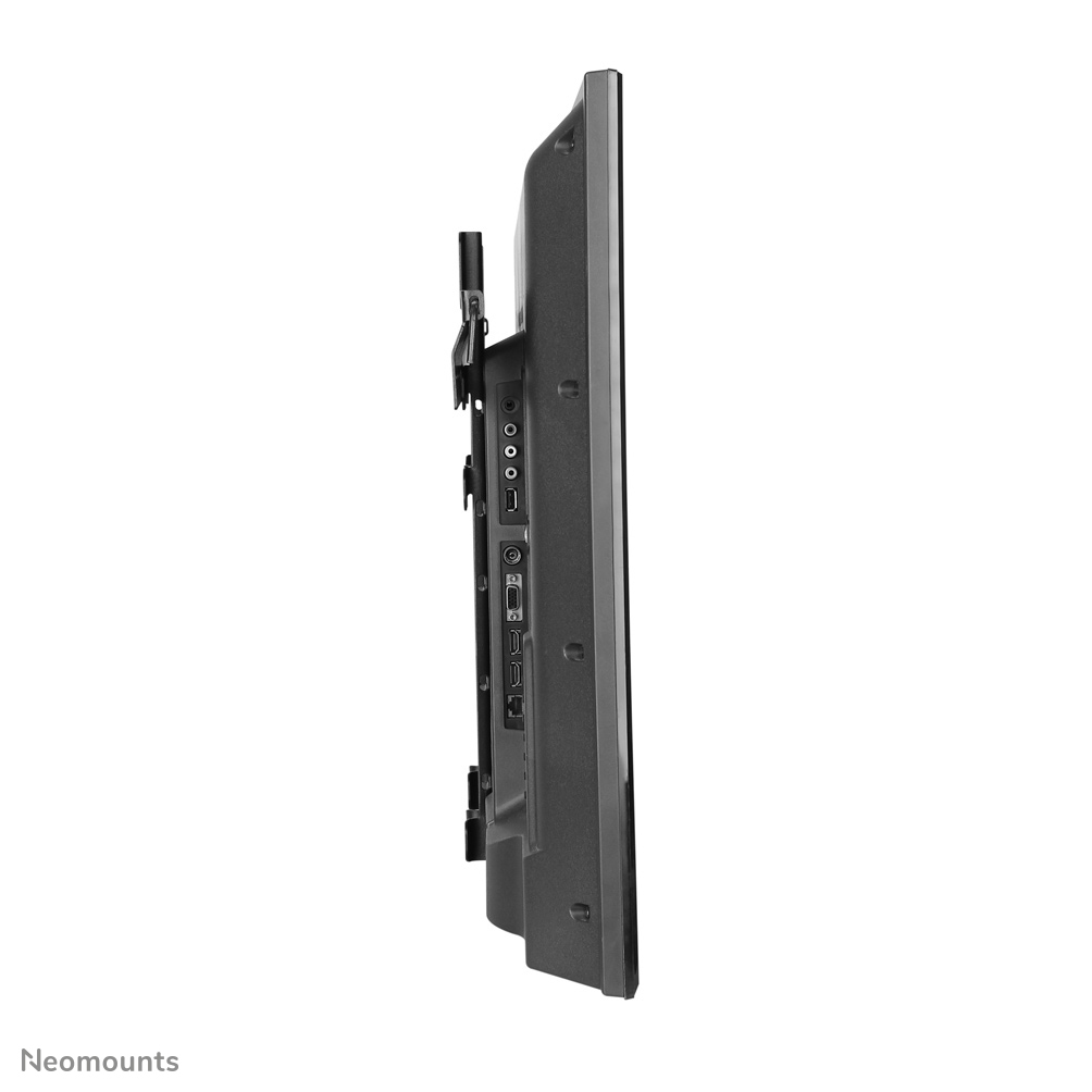 Side view of a black flat-screen TV with ports and a mounting bracket, set against a white background.