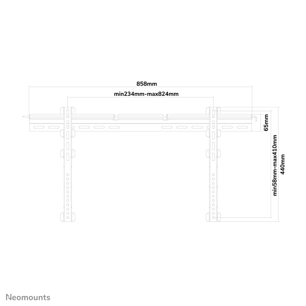 Diagram of a TV bracket with dimensions in millimeters. The bracket is gray with a white background, showing measurements.