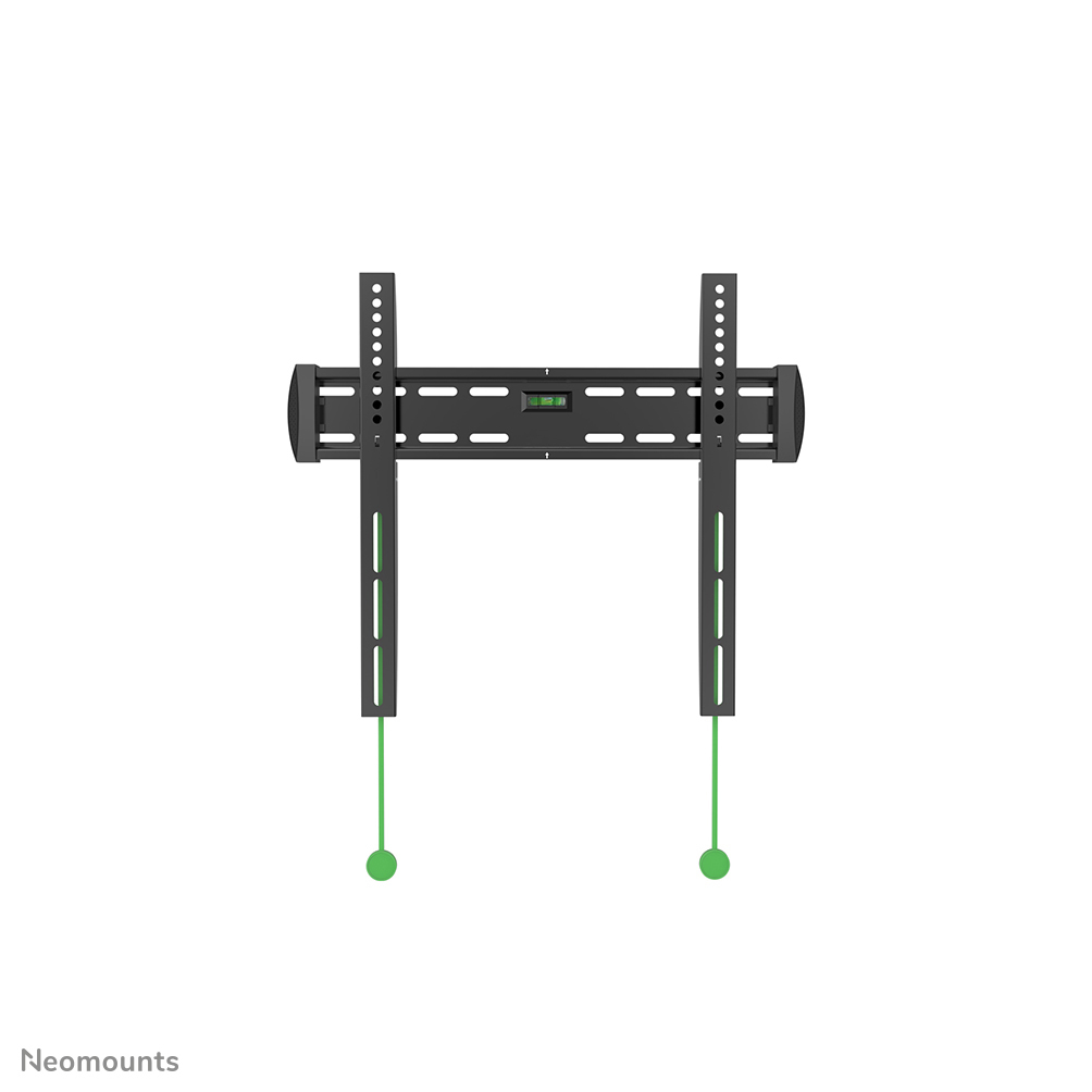 A black TV wall mount with green level and hanging elements, against a white background. The brand name is Neomounts.