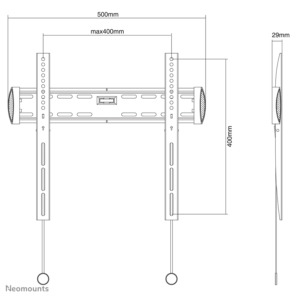 A black and white diagram of a TV wall mount. Dimensions are labeled: 500mm, max400mm, 400mm, and 29mm. The brand Neomounts is at the bottom.