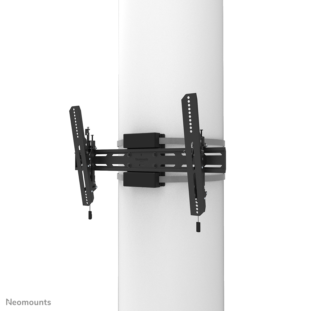 Support TV noir fixé sur un poteau blanc. Il comporte plusieurs trous et une barre horizontale. Le logo Neomounts est visible.