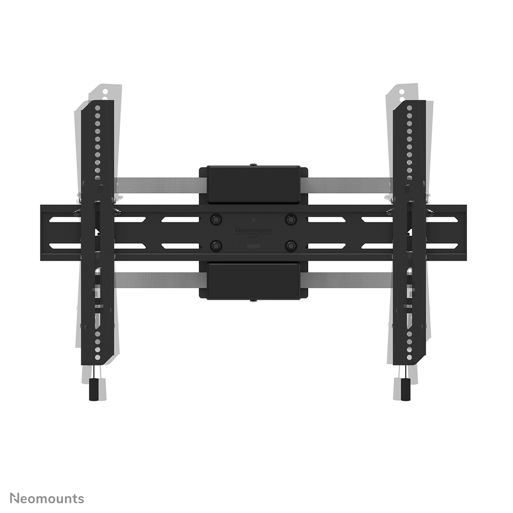 Un support TV Neomounts noir. Il possède des barres horizontales et des supports verticaux avec plusieurs trous. Le fond est blanc.