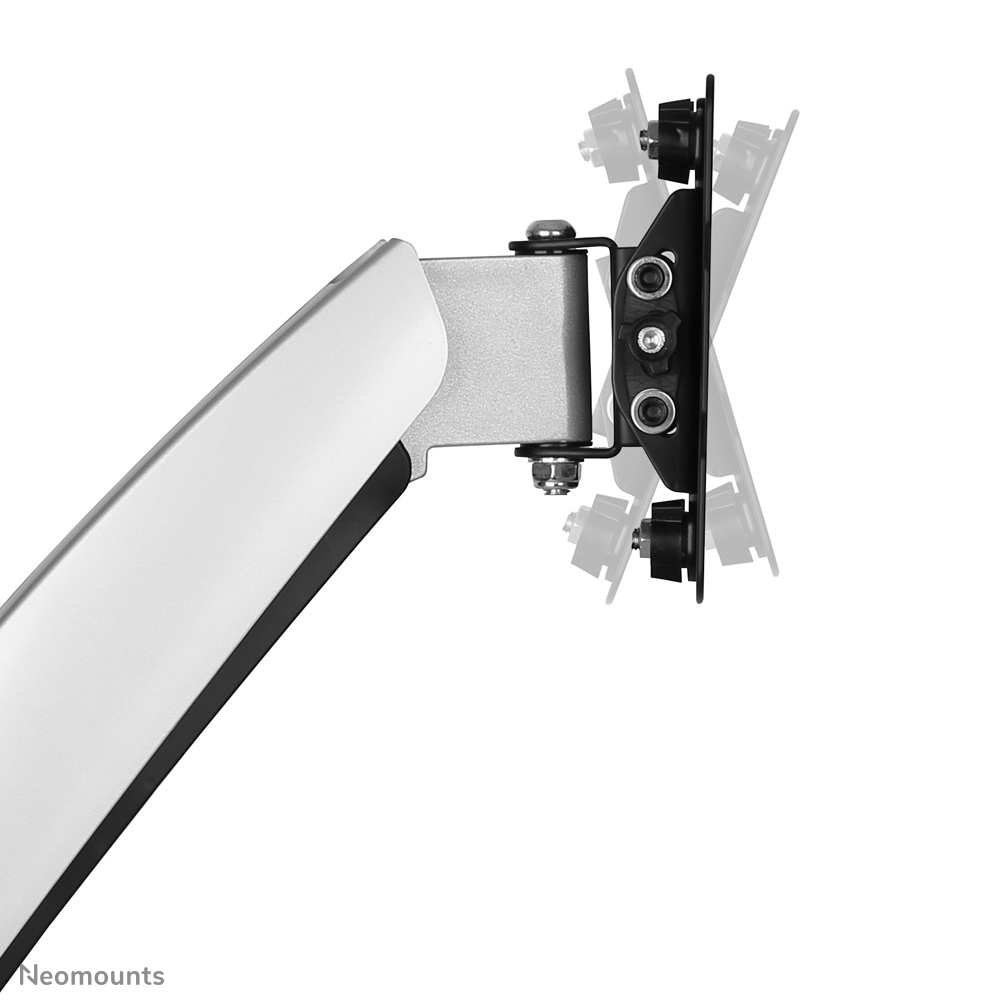Eine silberne und schwarze Monitorhalterung. Der Arm erstreckt sich nach links und verbindet sich mit einer schwarzen Halterung.