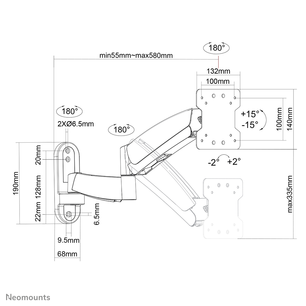 Diagramm eines schwarz-weißen Monitorarms mit Maßangaben und Winkeln. Enthält Maße in mm und Winkelangaben in Grad.