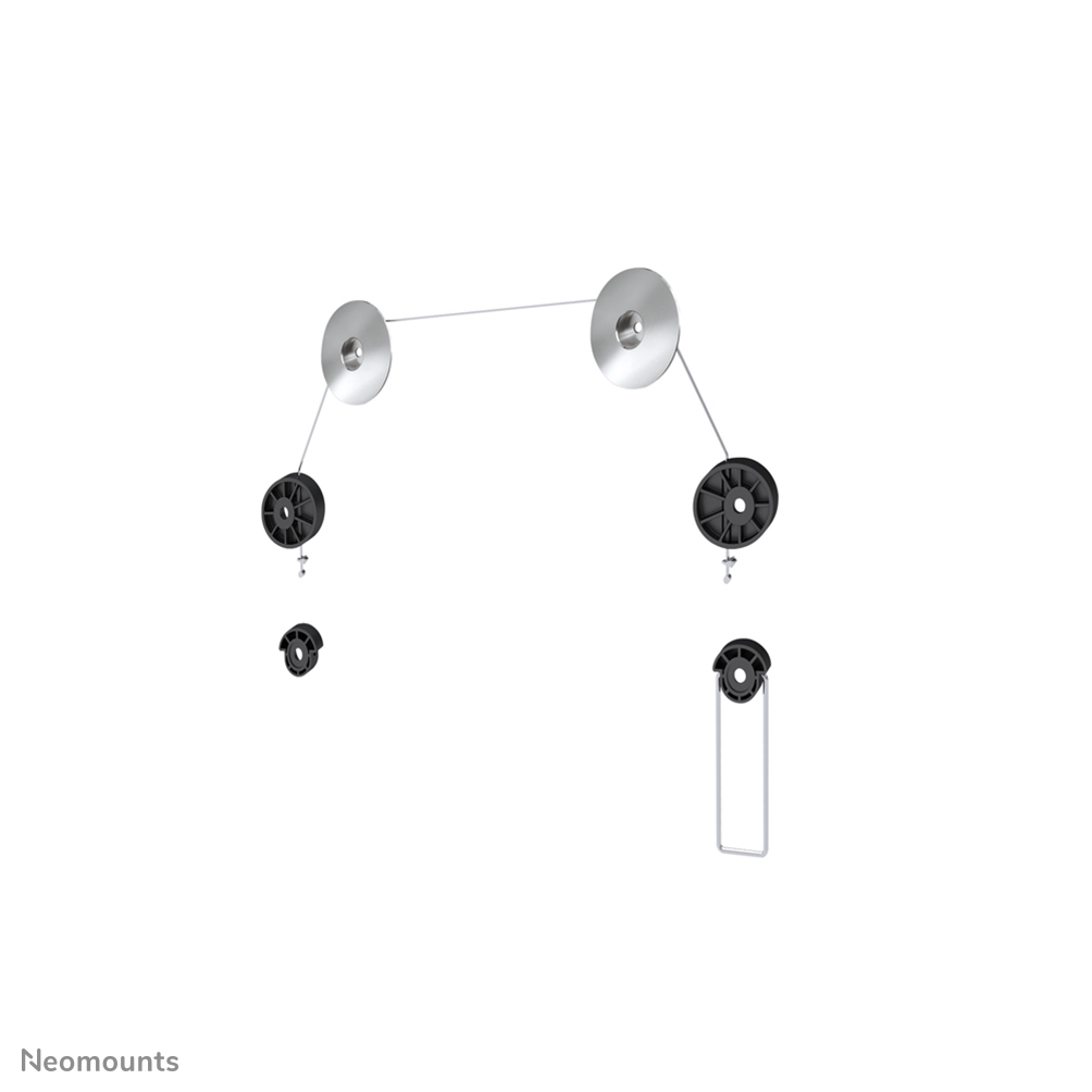 Componentes de montaje sobre blanco. Incluye discos plateados, poleas negras, tornillos y una percha de metal.