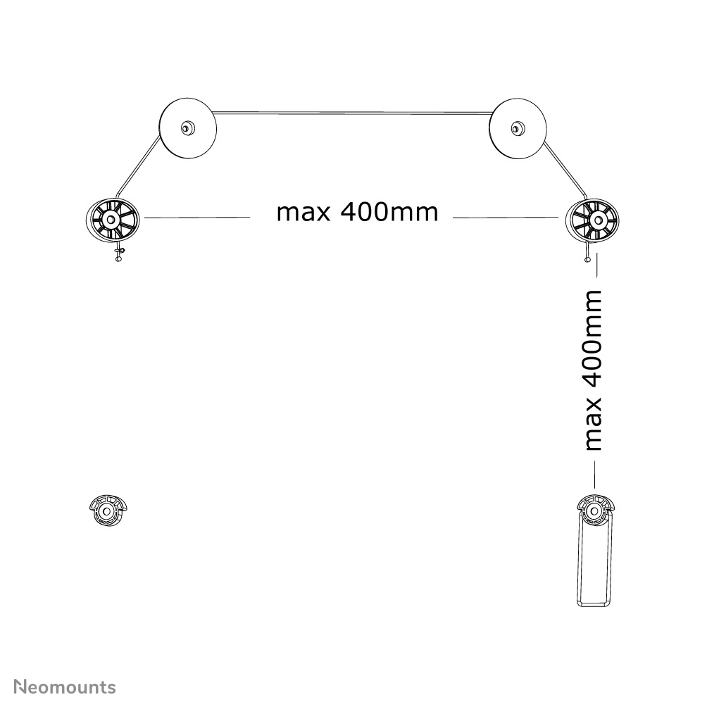 Diagrama que muestra un sistema con poleas y cables, etiquetado con 'max 400mm'. Los componentes son negros sobre un fondo blanco.