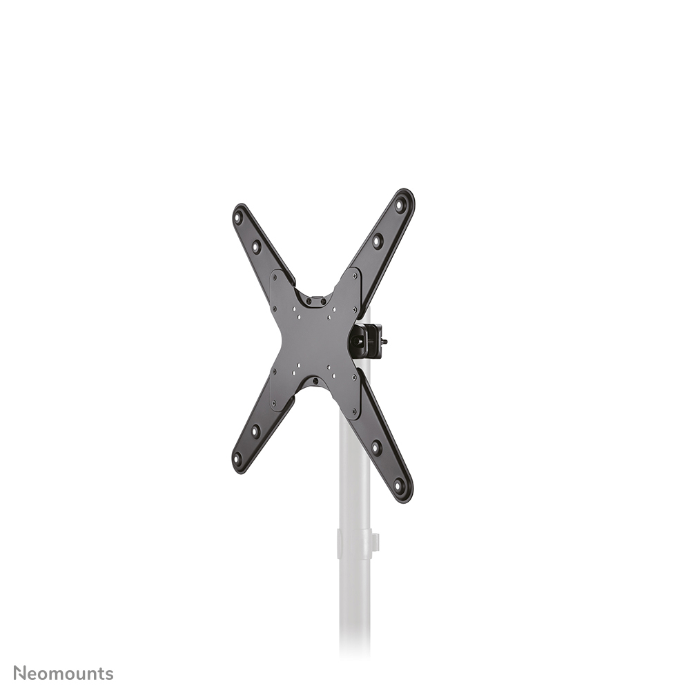 Un support de moniteur noir en forme de X est monté sur un poteau blanc, sur fond blanc. Pour moniteur.
