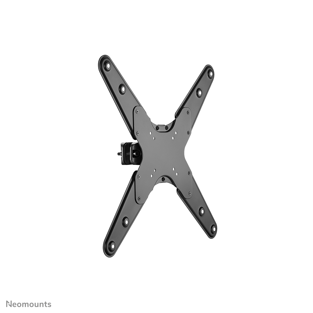 Un support TV noir en forme de X. Il comporte plusieurs trous pour vis et un mécanisme pivotant. Le fond est blanc.