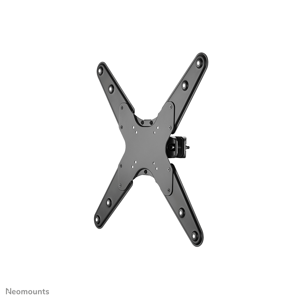 Un support TV noir en forme de X sur fond blanc. Il comporte plusieurs trous pour les vis et un mécanisme d'articulation central.