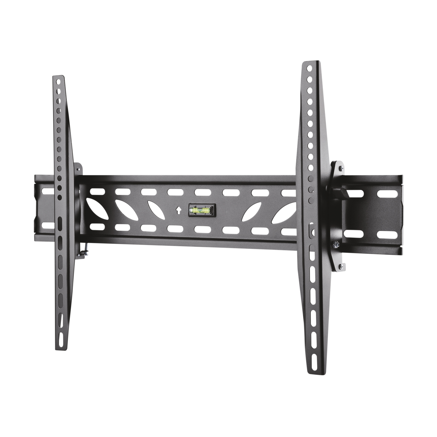 Un soporte de pared para TV negro. Tiene dos brazos de soporte verticales con agujeros y un soporte horizontal con recortes decorativos y un nivel.